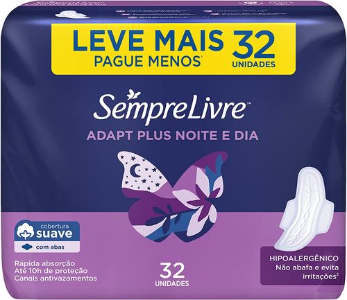 Absorvente Sempre Livre Adapt Plus Noite E Dia Suave C/ Abas C/ 32 Unidades