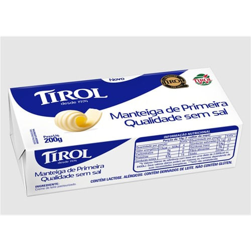 Manteiga De Primeira Qualidade Sem Sal Tablete 200G  Tirol